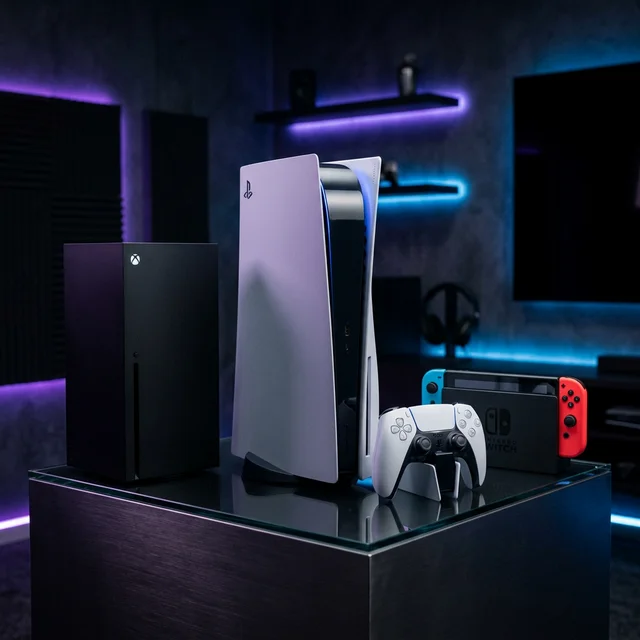 Gaming consoles collection featuring PS5 Xbox Series X and Nintendo Switch